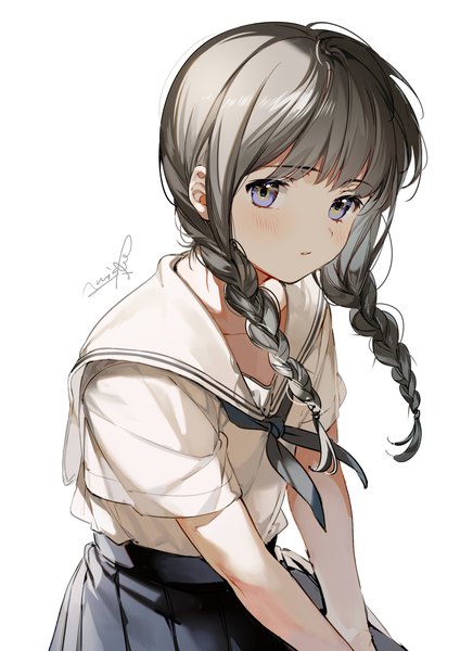 Anime picture 4093x5787 with original almic single long hair tall image looking at viewer highres simple background white background purple eyes absurdres braid (braids) grey hair twin braids girl uniform serafuku