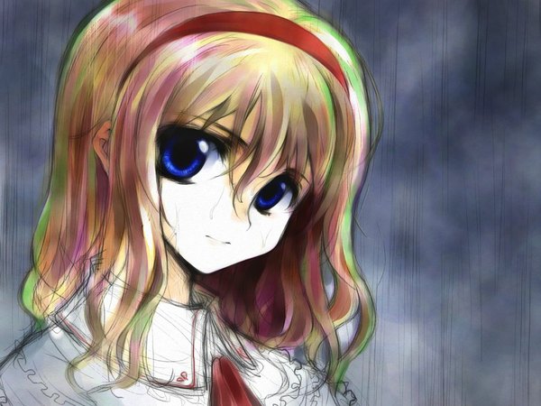 Anime picture 1024x768 with touhou alice margatroid hara takehito blue eyes blonde hair rain sketch girl hairband