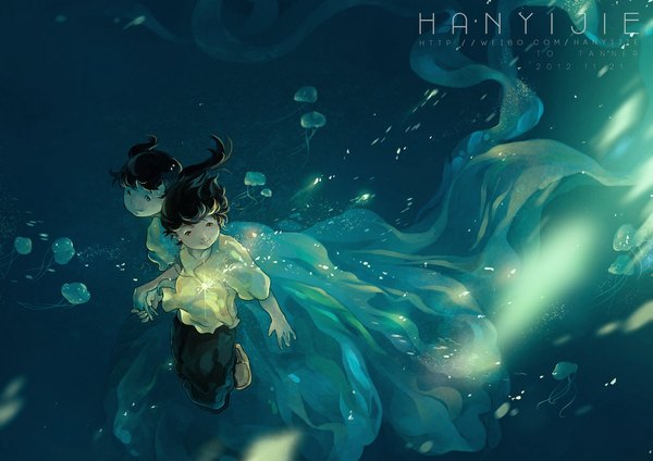 Anime picture 1024x724 with original hanyijie looking at viewer short hair black hair smile twintails short twintails underwater girl dress boy underwear bubble (bubbles) child (children) jellyfish