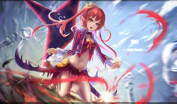 Anime picture 1600x942 with dungeon and fighter wangchuan de quanyan single long hair looking at viewer fringe open mouth red eyes wide image twintails red hair fingernails wind pointy ears bare legs bare belly midriff no shoes kneeling spread arms