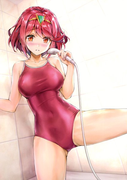 Anime picture 4233x5982 with xenoblade xenoblade 2 pyra (xenoblade) kotatsu (kotatsu358) single tall image looking at viewer blush fringe highres short hair breasts light erotic hair between eyes large breasts standing bare shoulders holding payot absurdres