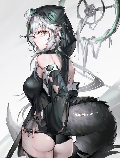 Anime picture 2487x3274 with arknights tomimi (arknights) hiyaori (hiyahiyaval) single long hair tall image looking at viewer highres light erotic yellow eyes silver hair ahoge ass tail animal tail profile looking back pointy ears from behind crocodilian tail