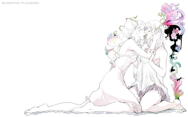 Anime picture 1440x900 with null (chronix) long hair simple background wide image white background sitting multiple girls white hair eyes closed barefoot no shoes sleeveless couple hug kneeling shoujo ai almost kiss girl dress 2 girls