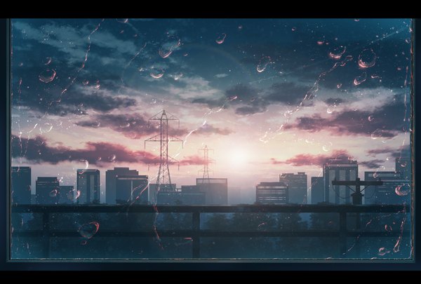 Anime picture 5000x3379 with original lxc highres absurdres sky cloud (clouds) border evening sunset no people landscape building (buildings) water drop sun power lines