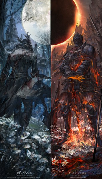 Anime-Bild 971x1700 mit bloodborne dark souls (series) dark souls dark souls 3 bloodborne: the old hunters from software lady maria of the astral clocktower soul of cinder stu dts long hair tall image standing silver hair ponytail night copyright name text watermark multiview english