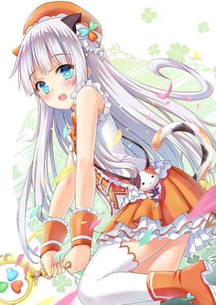 Anime picture 620x876 with ipass (yi ka tong) xiao pa shimokirin single long hair tall image looking at viewer blush fringe open mouth blue eyes standing holding animal ears bent knee (knees) white hair tail blunt bangs animal tail pleated skirt
