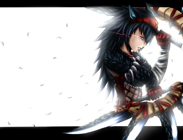Anime picture 2055x1575 with monster hunter monster hunter portable 3rd monster hunter (character) nargacuga (armor) tagme (artist) single highres red eyes blue hair profile glowing glowing eye (eyes) girl gloves weapon armor