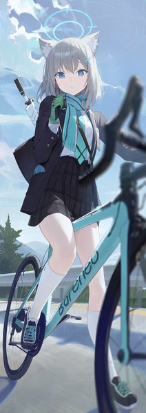 Anime picture 2488x7035 with blue archive shiroko (blue archive) modare single tall image looking at viewer blush fringe highres short hair blue eyes standing animal ears sky silver hair cloud (clouds) full body outdoors long sleeves blurry