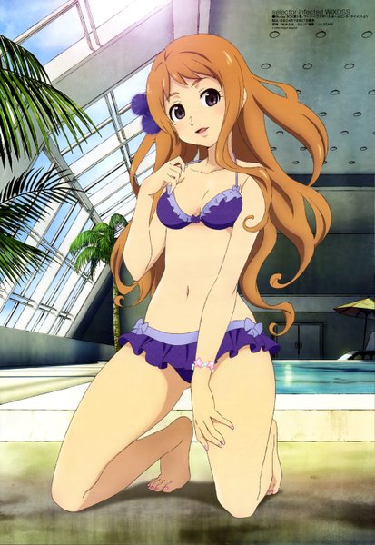 Anime picture 4082x5932 with selector infected wixoss j.c. staff megami magazine aoi akira sakai kyuuta single long hair tall image looking at viewer highres light erotic brown hair absurdres black eyes official art girl navel swimsuit plant (plants) bikini