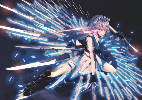 Anime picture 1771x1240 with touhou izayoi sakuya merontomari single highres short hair silver hair full body braid (braids) maid twin braids glowing dark background glowing eye (eyes) girl gloves bow weapon hair bow headdress