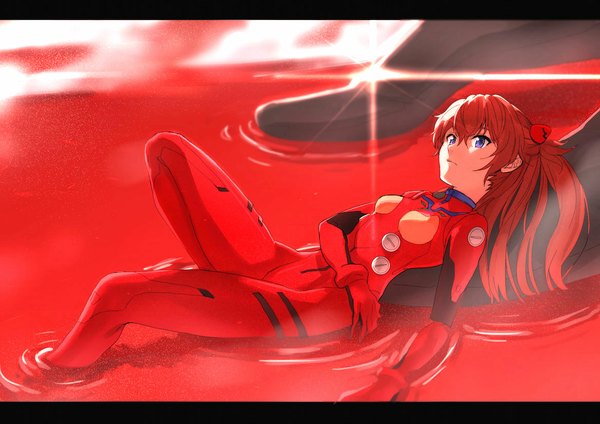 Anime picture 1169x827 with neon genesis evangelion gainax soryu asuka langley puma (hyuma1219) single long hair looking at viewer fringe blue eyes twintails bent knee (knees) lying sunlight orange hair reclining sunbeam girl blood bodysuit