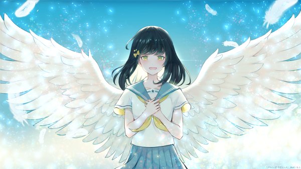 Anime picture 1613x907 with original pabo single looking at viewer fringe short hair open mouth black hair simple background smile wide image green eyes signed blunt bangs :d pleated skirt sparkle short sleeves hand on chest blue background