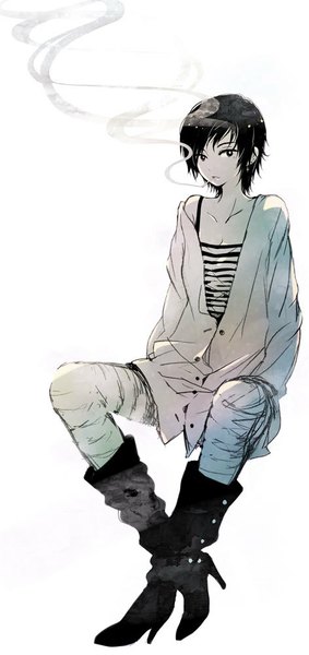 Anime picture 472x1000 with original sugano manami single tall image short hair simple background white background sitting bare shoulders looking away mole mole under eye monochrome smoke striped smoking girl knee boots cardigan cigarette
