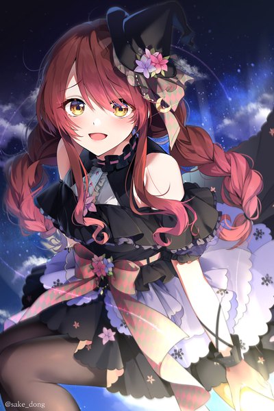 Anime picture 2333x3500 with idolmaster idolmaster shiny colors oosaki tenka sake dong single long hair tall image looking at viewer blush highres open mouth bare shoulders signed yellow eyes payot sky cloud (clouds) red hair braid (braids) :d