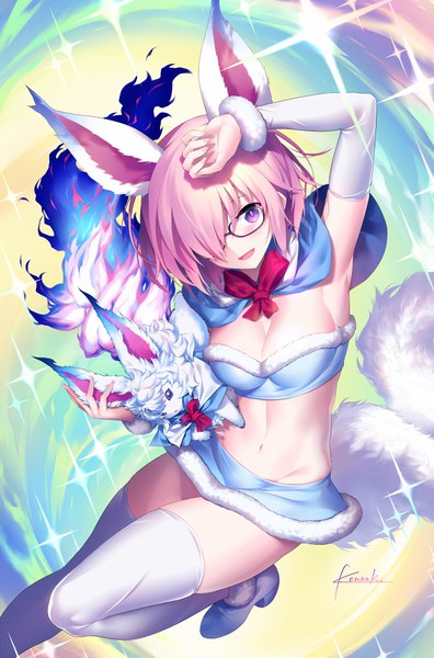 Anime picture 650x983 with fate (series) fate/grand order mash kyrielight fou (fate) kousaki rui single tall image blush short hair breasts light erotic purple eyes signed animal ears pink hair cleavage tail animal tail arm up sparkle