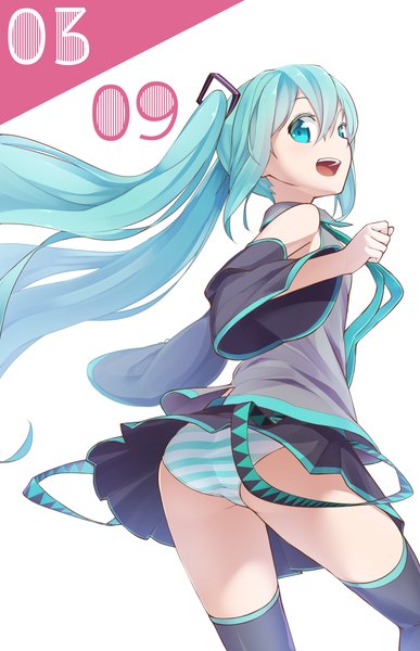 Anime picture 1240x1920 with vocaloid hatsune miku ninnzinn single long hair tall image looking at viewer open mouth light erotic ass looking back aqua eyes aqua hair pantyshot turning head upskirt girl skirt underwear panties