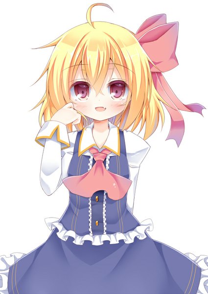 Anime picture 600x847 with touhou rumia esureki single tall image looking at viewer blush fringe short hair open mouth blonde hair smile red eyes standing long sleeves teeth fang (fangs) puffy sleeves girl skirt