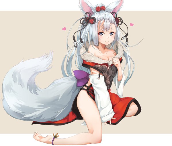 Anime picture 3174x2704 with granblue fantasy socie (granblue fantasy) mugcup single long hair looking at viewer highres breasts blue eyes light erotic simple background smile sitting bare shoulders animal ears absurdres cleavage silver hair tail animal tail