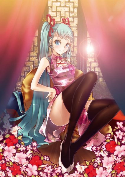 Anime picture 1500x2122 with vocaloid hatsune miku mikoto (mio) single long hair tall image twintails aqua eyes aqua hair girl thighhighs flower (flowers) black thighhighs curtains