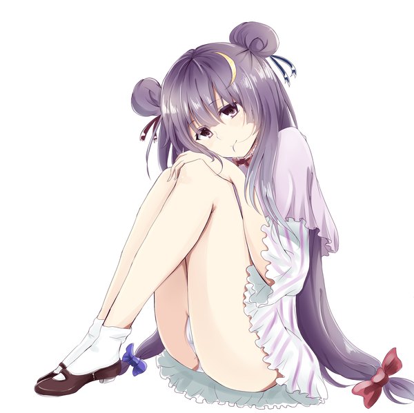 Anime picture 2743x2739 with touhou patchouli knowledge takitou single long hair looking at viewer highres light erotic white background sitting purple eyes purple hair pantyshot pantyshot sitting girl dress bow hair bow socks white socks