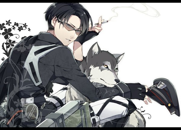 Anime picture 1000x716 with shingeki no kyojin production i.g levi (rivaille) single looking at viewer short hair open mouth blue eyes black hair simple background white background yellow eyes back smoke smoking boy gloves flower (flowers) weapon animal
