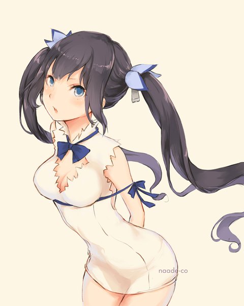 Anime picture 700x875 with dungeon ni deai wo motomeru no wa machigatteiru darou ka j.c. staff hestia (danmachi) naade-co single long hair tall image looking at viewer blush fringe breasts open mouth blue eyes light erotic black hair simple background white background twintails hands behind back rei no himo