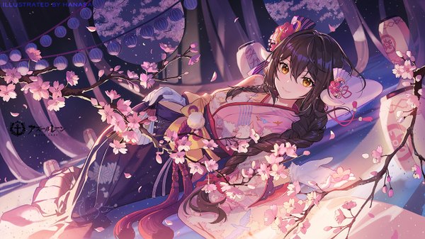 Anime picture 1280x720 with azur lane mikasa (azur lane) mikasa (sakura viewing day) (azur lane) criin single long hair looking at viewer blush fringe smile hair between eyes brown hair wide image holding signed yellow eyes lying braid (braids) traditional clothes japanese clothes