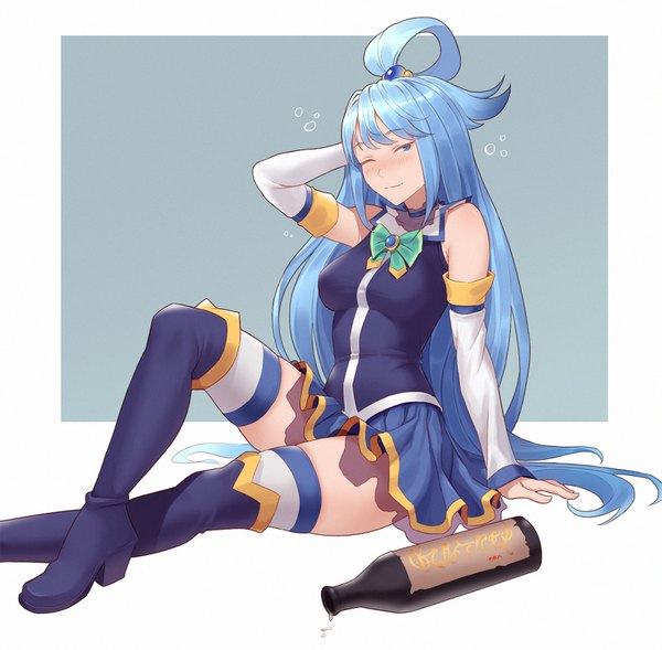 Anime picture 1600x1573 with kono subarashii sekai ni shukufuku wo! studio deen aqua (konosuba) cheshirrr single long hair looking at viewer blush fringe blue eyes simple background smile sitting bare shoulders payot blue hair bent knee (knees) head tilt pleated skirt one eye closed