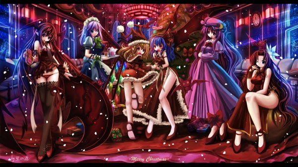 Anime picture 2400x1350 with touhou flandre scarlet remilia scarlet izayoi sakuya patchouli knowledge hong meiling koakuma hoshi no gen long hair highres blue eyes light erotic blonde hair brown hair wide image purple eyes multiple girls blue hair purple hair maid