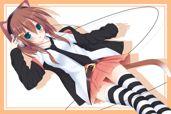 Anime picture 1200x803 with original femt single blush short hair open mouth blue eyes brown hair animal ears tail animal tail cat ears cat girl cat tail girl thighhighs skirt shirt necktie belt