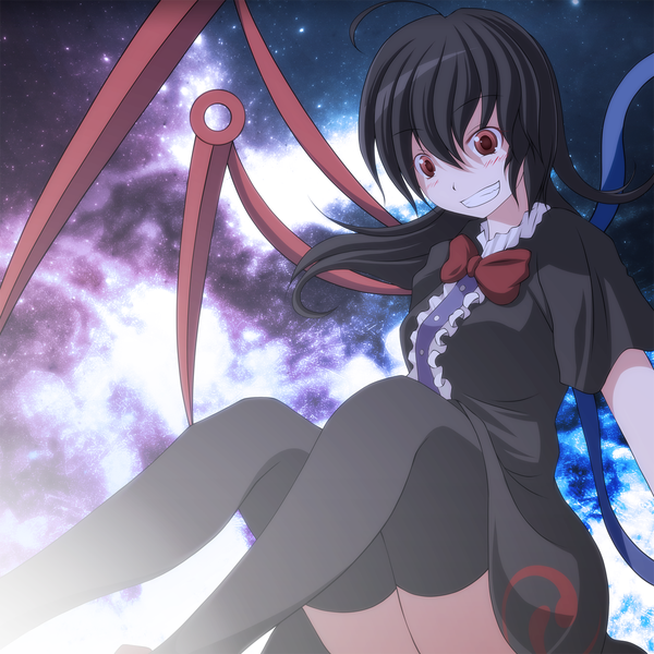 Anime picture 1500x1500 with touhou houjuu nue s-syogo single long hair blush black hair red eyes ahoge grin space girl thighhighs bow black thighhighs wings