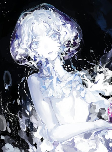 Anime picture 739x1000 with original noir (ibaraki) single tall image fringe short hair open mouth pale skin underwater girl bubble (bubbles) mermaid