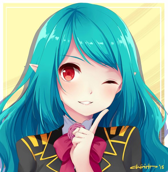 Anime picture 882x905 with original chiiririn single long hair tall image blush fringe smile red eyes signed one eye closed pointy ears wink aqua hair shadow border finger to mouth portrait yellow background girl