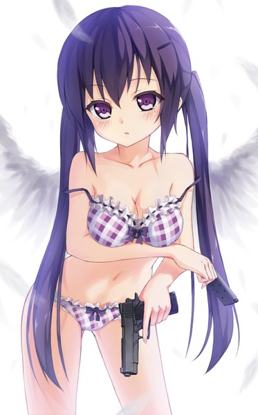 Anime picture 1800x2895 with gochuumon wa usagi desu ka? white fox tedeza rize hagi (ame hagi) single long hair tall image looking at viewer blush highres breasts open mouth light erotic purple eyes twintails bare shoulders cleavage purple hair bare belly underwear only