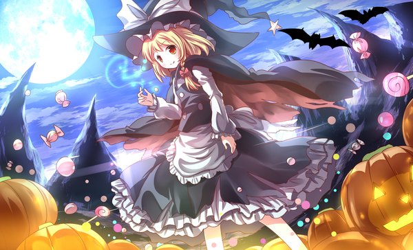 Anime picture 2067x1254 with touhou kirisame marisa risutaru single looking at viewer highres blonde hair smile wide image standing sky cloud (clouds) braid (braids) long sleeves night orange eyes side braid mountain halloween adapted costume