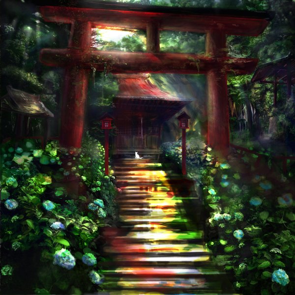 Anime picture 1800x1800 with original akira (mydictionary) highres sitting outdoors sunlight blurry shadow no people sunbeam nature flower (flowers) animal tree (trees) building (buildings) cat forest stairs torii hydrangea