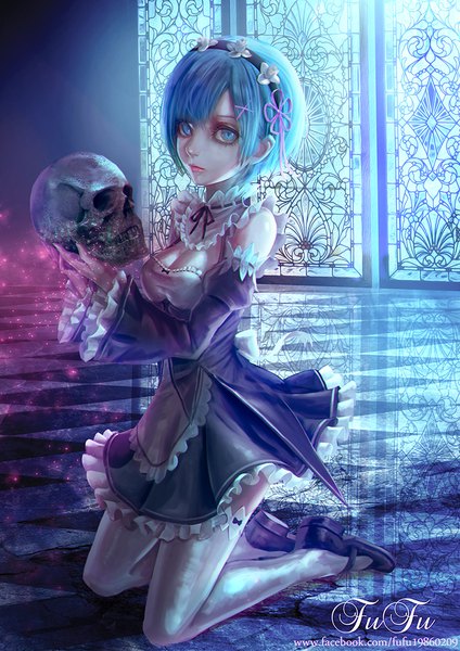 Anime picture 800x1132 with re:zero kara hajimeru isekai seikatsu white fox rem (re:zero) fufu single tall image looking at viewer fringe short hair blue eyes holding signed blue hair full body night maid kneeling reflection girl thighhighs