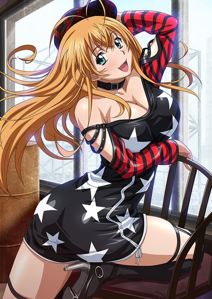 Anime picture 640x903 with ikkitousen sonsaku hakufu single long hair tall image looking at viewer blush fringe breasts open mouth light erotic blonde hair smile hair between eyes large breasts ahoge head tilt aqua eyes fang (fangs) high heels