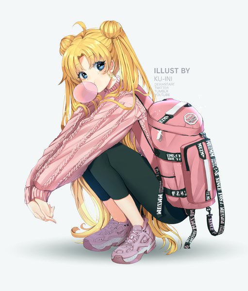 Anime picture 1725x2026 with bishoujo senshi sailor moon toei animation nike tsukino usagi ku-ini single tall image highres blue eyes simple background blonde hair twintails signed ahoge very long hair hair bun (hair buns) squat bubble blowing girl shoes