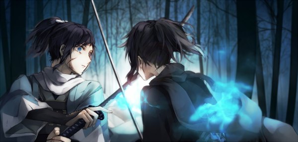 Anime picture 1300x621 with touken ranbu nitroplus yamato no kami yasusada mst long hair fringe blue eyes black hair wide image holding ponytail glowing fighting stance dual persona bare tree surprised alternate color shinsengumi boy weapon