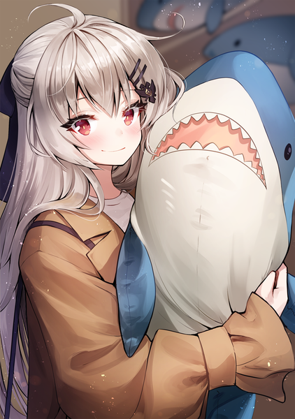 Anime picture 1267x1800 with girls frontline iws-2000 (girls frontline) ango single long hair tall image looking at viewer blush fringe smile hair between eyes red eyes holding payot upper body ahoge indoors long sleeves grey hair depth of field