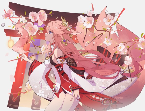 Anime picture 2026x1550 with genshin impact yae miko yae miko (fox) emmikn single long hair fringe highres hair between eyes purple eyes signed animal ears pink hair traditional clothes japanese clothes profile twitter username fox ears cherry blossoms low ponytail