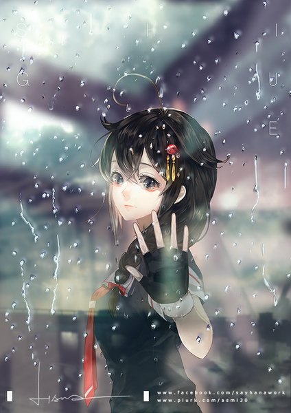 Anime picture 573x810 with kantai collection shigure destroyer say hana single long hair tall image looking at viewer fringe black hair standing ahoge braid (braids) grey eyes tears single braid rain remodel (kantai collection) against glass girl gloves