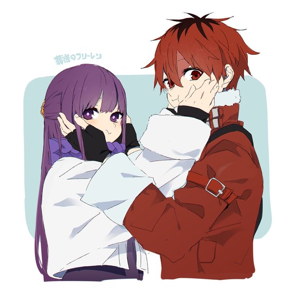 Anime picture 1200x1200 with sousou no frieren fern (sousou no frieren) stark (sousou no frieren) esu (transc) long hair looking at viewer fringe short hair hair between eyes red eyes purple eyes purple hair upper body red hair copyright name half updo hands on another's face girl boy gloves
