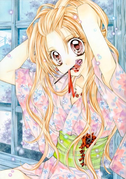 Anime picture 1556x2200 with shinshi doumei cross otomiya haine tanemura arina single long hair tall image looking at viewer blonde hair red eyes holding traditional clothes head tilt japanese clothes wide sleeves mouth hold floral print adjusting hair wavy hair hairdressing flower (flowers)