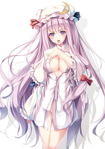 Anime picture 1254x1771 with touhou patchouli knowledge fal maro single long hair tall image blush breasts open mouth light erotic simple background white background purple eyes purple hair girl dress bow hair bow