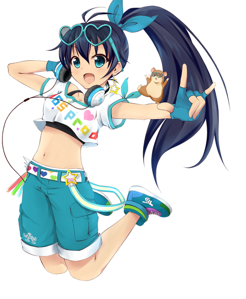 Anime picture 1650x2000 with idolmaster ganaha hibiki sunuu (miya) single long hair tall image open mouth blue eyes black hair simple background white background ponytail :o midriff jumping street hopper girl navel animal glasses