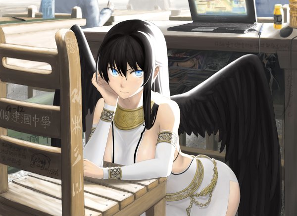 Anime picture 1200x873 with mabinogi morrighan shirajira single long hair blue eyes light erotic black hair chin rest girl wings chair wire (wires) laptop