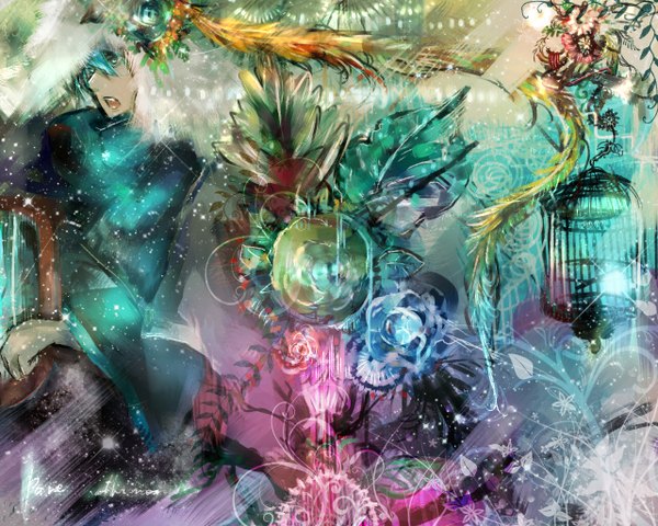 Anime picture 1280x1024 with vocaloid kaito (vocaloid) zigemu open mouth abstract boy flower (flowers) musical instrument cage harp