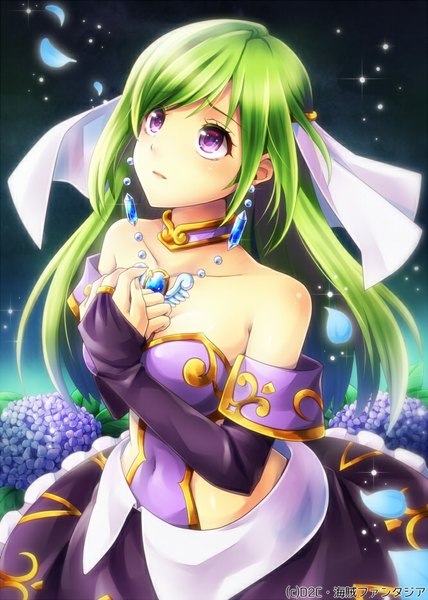 Anime picture 666x933 with pirate maidens (game) astrologer silvia natsuki yuka single long hair tall image bare shoulders pink eyes green hair looking up girl skirt flower (flowers) detached sleeves earrings petals jewelry brooch hydrangea gorget